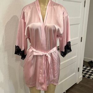 Frederick's of Hollywood Pink Satin Robe with Black Lace Trim